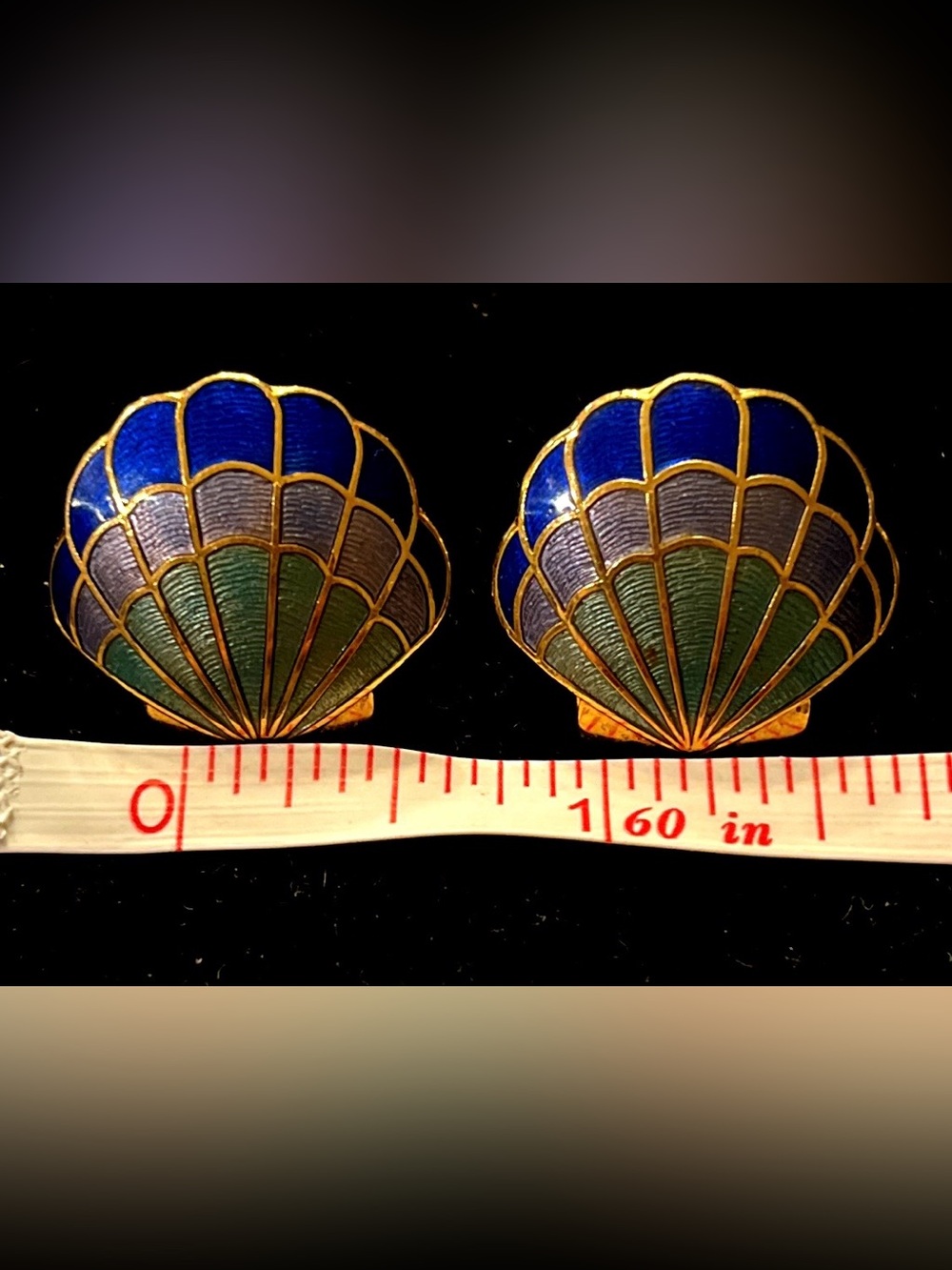 Gold-Tone Blue Green Cloisonnée Shell Enamel Pierced Earrings - Picture 3 of 3